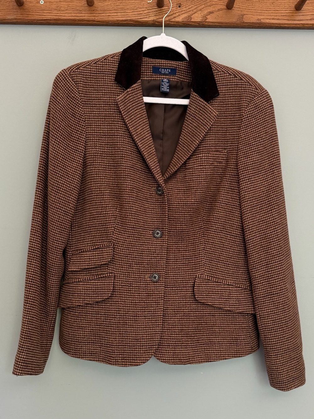 Chaps Wool Blend Brown Tan Houndstooth Tweed Plaid 3 Button Academia Blazer